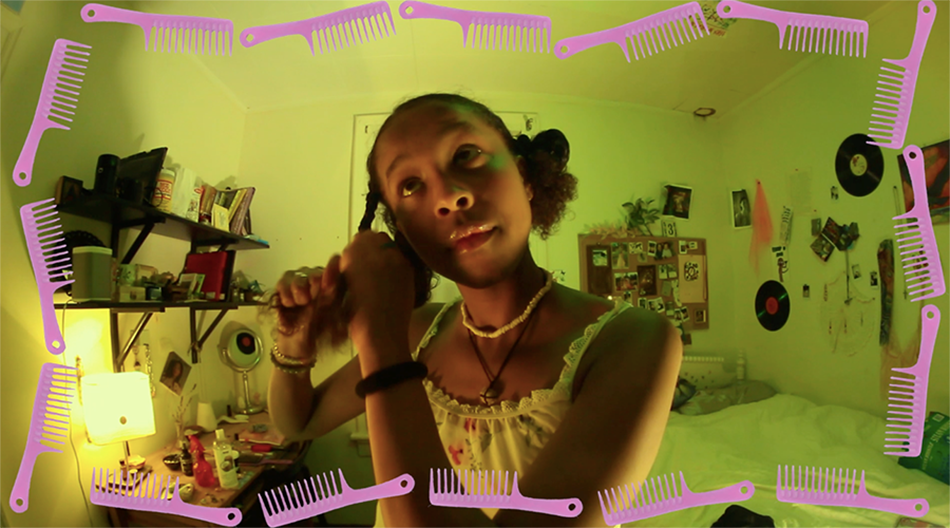 Black woman brushing hair in bedroom