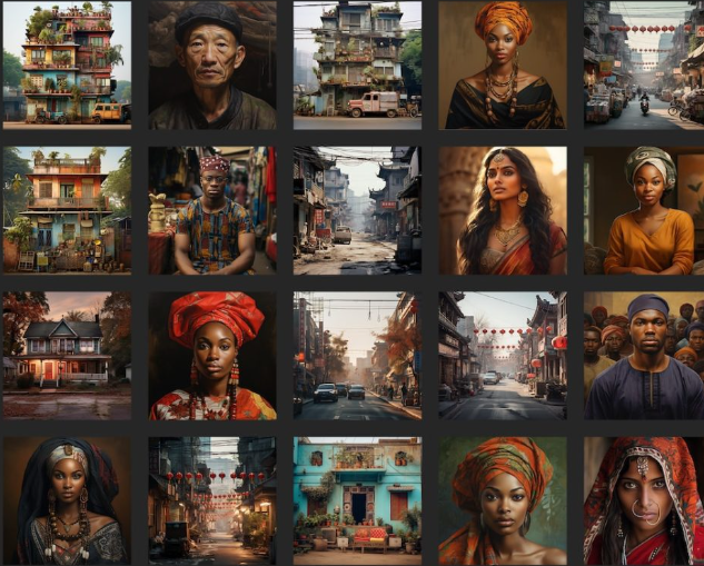 The image is a mosaic of faces and buildings that are racialized, displaying many non-white stereotypes with exaggerated features. The mosaic is 5 by 4 square images. It was generated by the Midjourney generative graphics tool. 