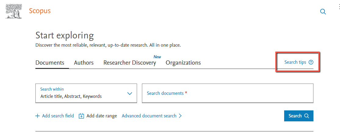 A capture of the help file for the Scopus database showing you the search tips link on the top right highlighted in a red box. 
