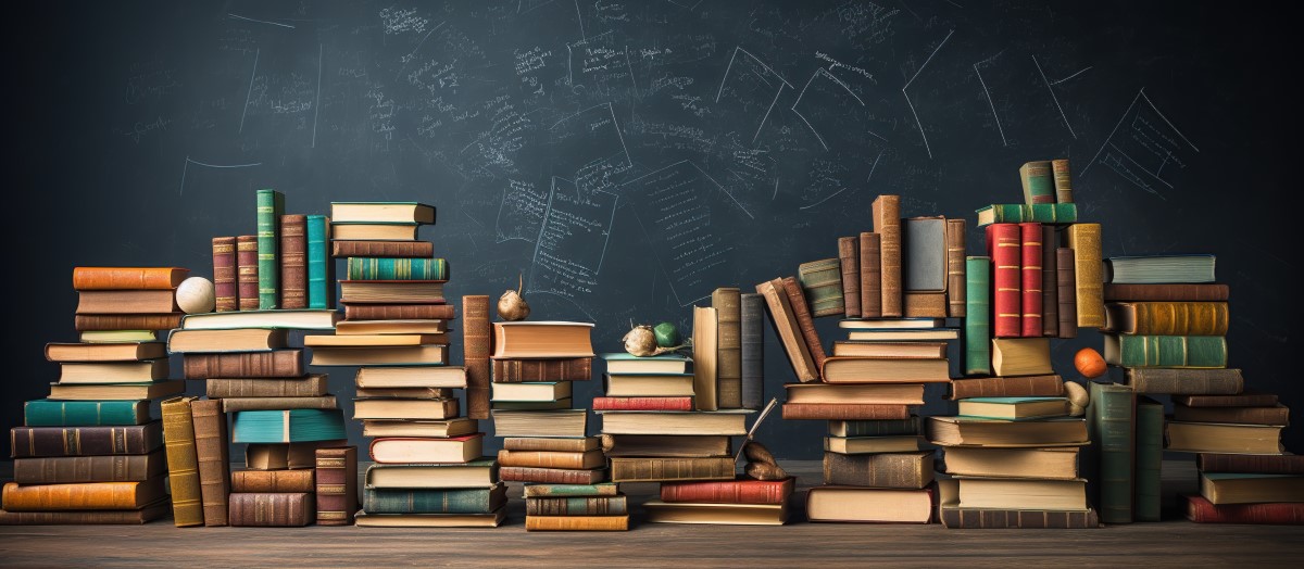 An AI generated image of stacks of books and various other documents against a blue wall. 
