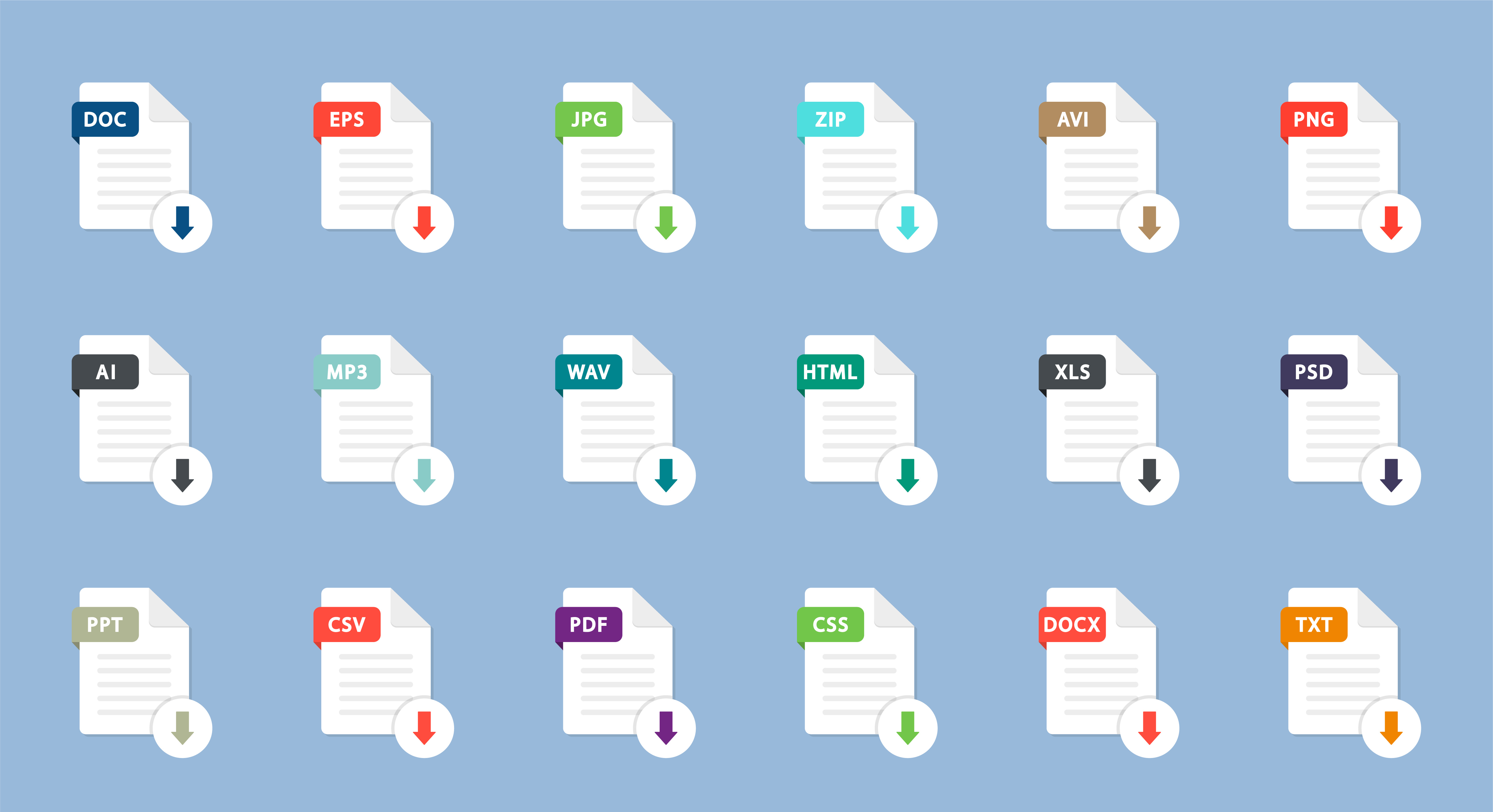 A collection of icons labeled with different file formats: doc, eps, jpg, zip, avi, png, ai, mp3, wav, html, xls, psd, ppt, csv, pdf, css, docx, txt on a blue background. 