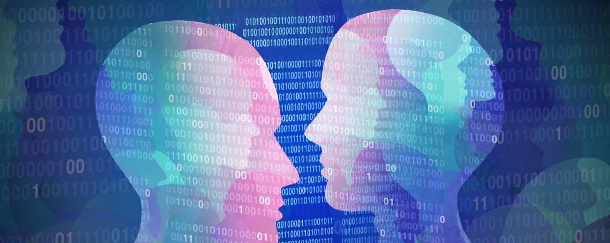 A drawing of two human heads in silhouette overlooking hovering digital text 