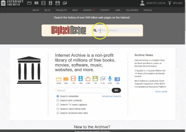 A gif clicking through the history of the designs of the Concordia Library websites using the Internet Archive's Wayback Machine tool. 