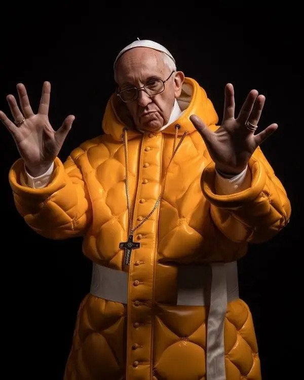 A deepfake of the pope wearing an orange long puffy coat, a cross necklace, and a skullcap with his arms extended in front of him. 