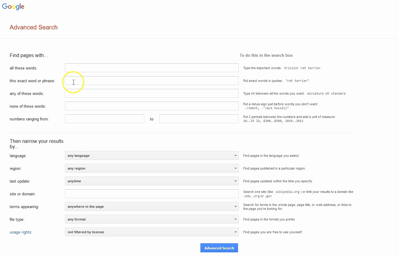 A gif showing you how to do a Google advanced search with a variety of operators.