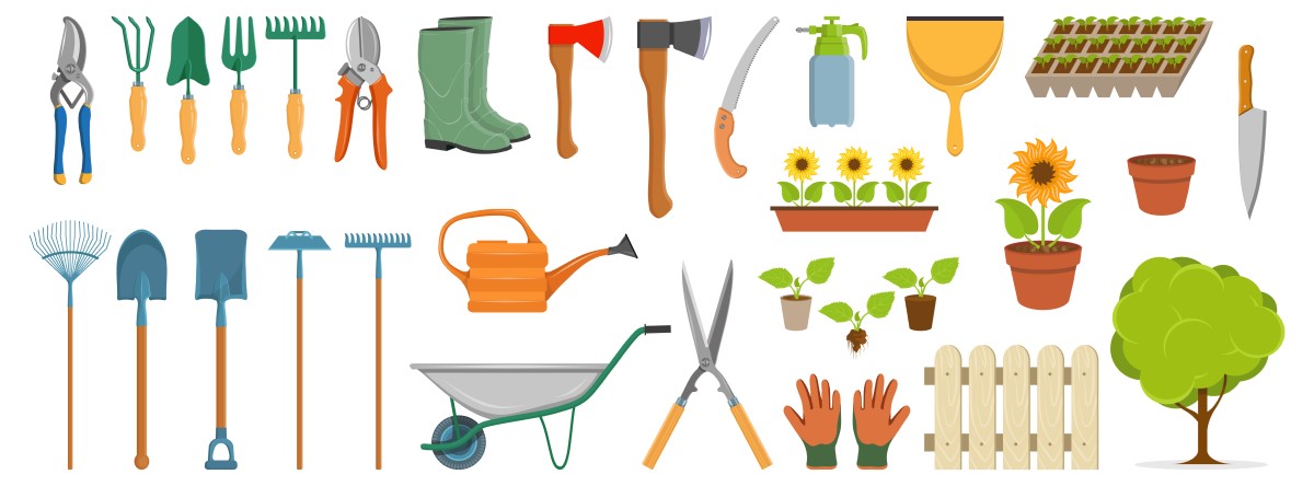 A grid of gardening tools and projects such as axes, brushes, flowers in pots or shovels, arranged irregularly in a rectangle over a white background. 