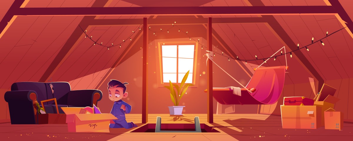 A cartoon of a small child in a sunny attic about to go through a box called "toys". There is an old couch, a plant, and a hammock along other boxes around. 