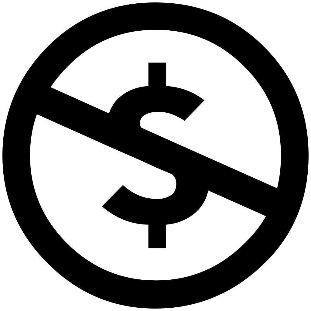 Black circle with a slash through a dollar sign in middle