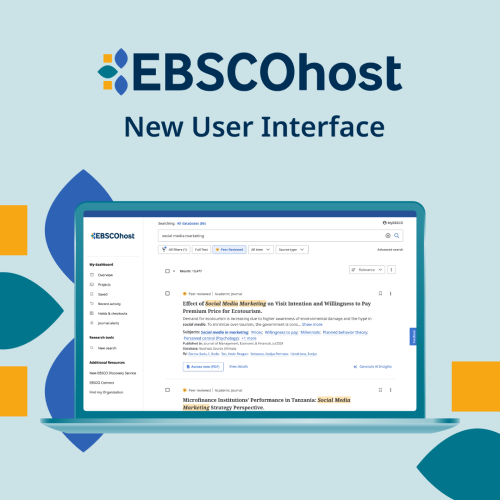 graphic of a laptop screen with ebscohost new interface open and words EBSCOhost New User Interface