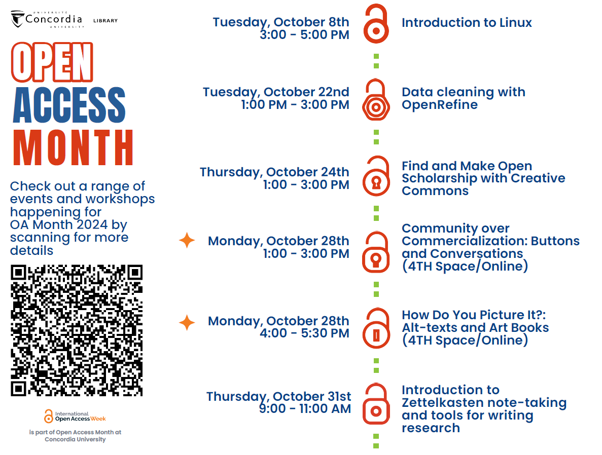 list of open acceess events and workshops scheduled in October 2024 at Concordia