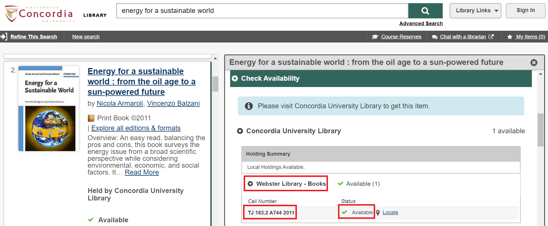 Availability information for books in Sofia Discovery tool
