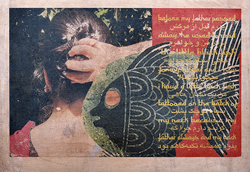 A collage including a woman seen shoulders up from behind, holding her hair with her right hand in a raised bun. To the right a vertical red rectangle. Center right there is a graphic representation of a fish overlayed over the other elements. There is text on the right of the image