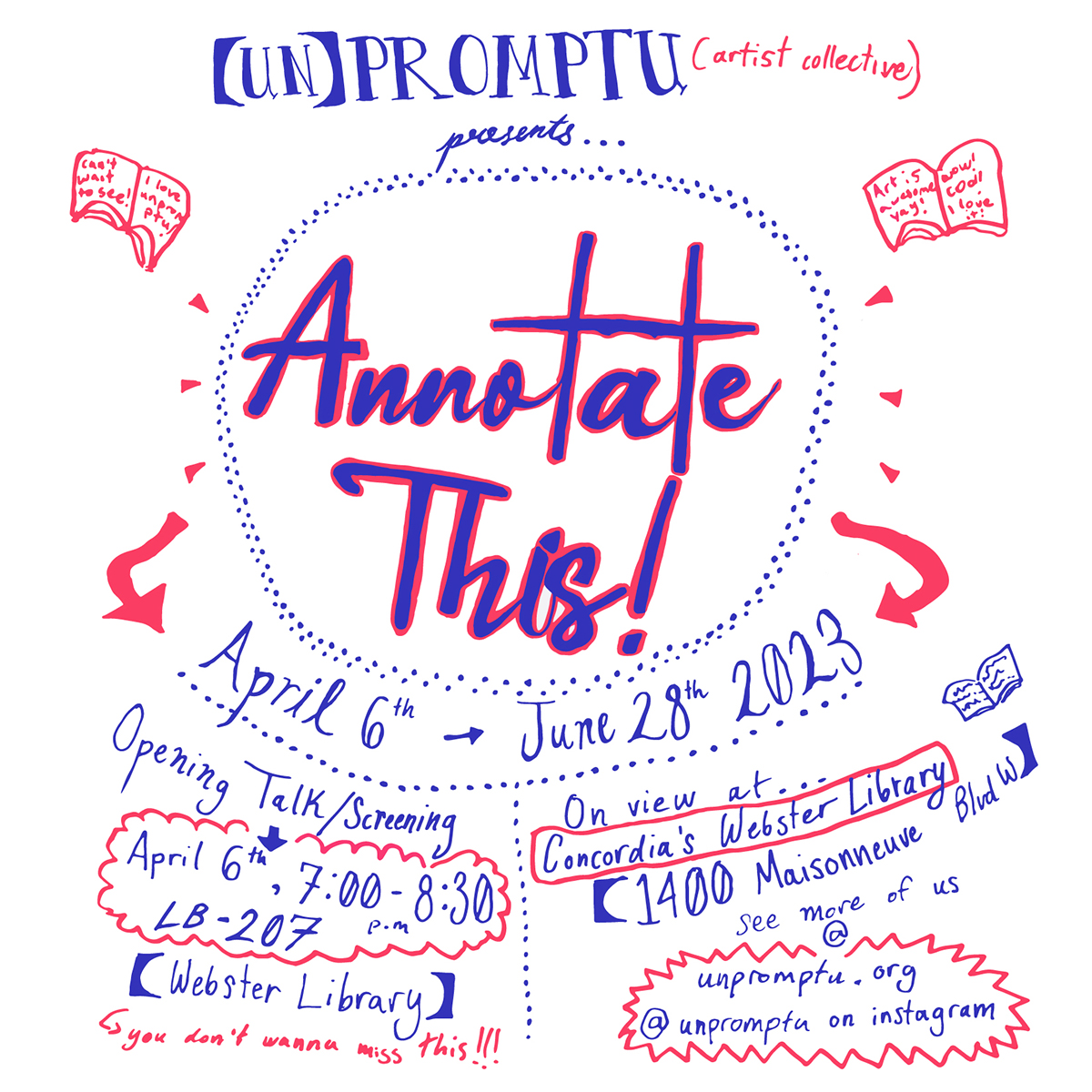 Handwritten invitation for the Annotate This opening talk and exhibition in red and blue marker on white background.