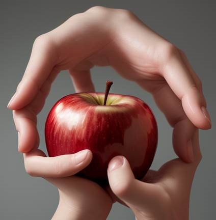 The image shows three hands cupped together, fingers curving in to hold a large, glossy red apple. The apple appears centred in the image, with a visible stem on top. The hand from the top is free-floating with no connection to a wrist and presents six fingers. The two hands on the bottom are connected to the wrists and have three visible fingers. 