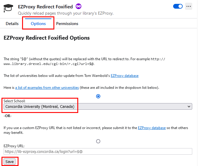 Screenshot of ezproxy redirect extension options