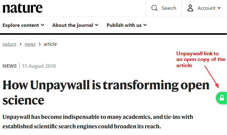 An example of the unpaywall link which is a small white open lock on a green background that appears on the right-hand side of the browser window