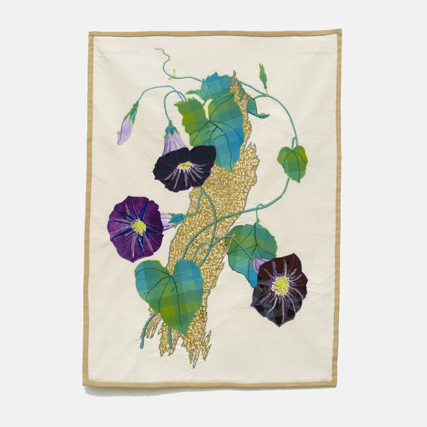 photograph of artwork featuring purple flowers and vines