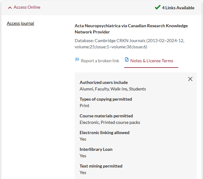 screenshot of an expanded notes and license terms section in Access Online section