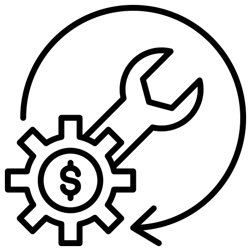 A cog with a dollar sign inside and a wrench inside of a circular arrow