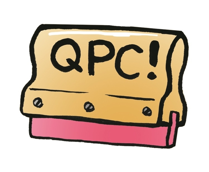 Cartoon squeegee tool shown with QCP! written on it