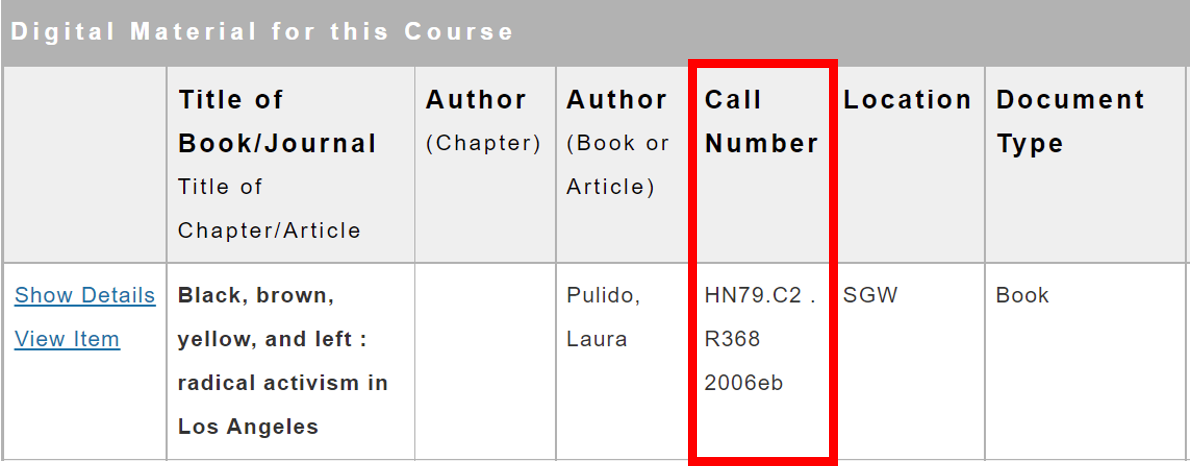 call number information in course reserves