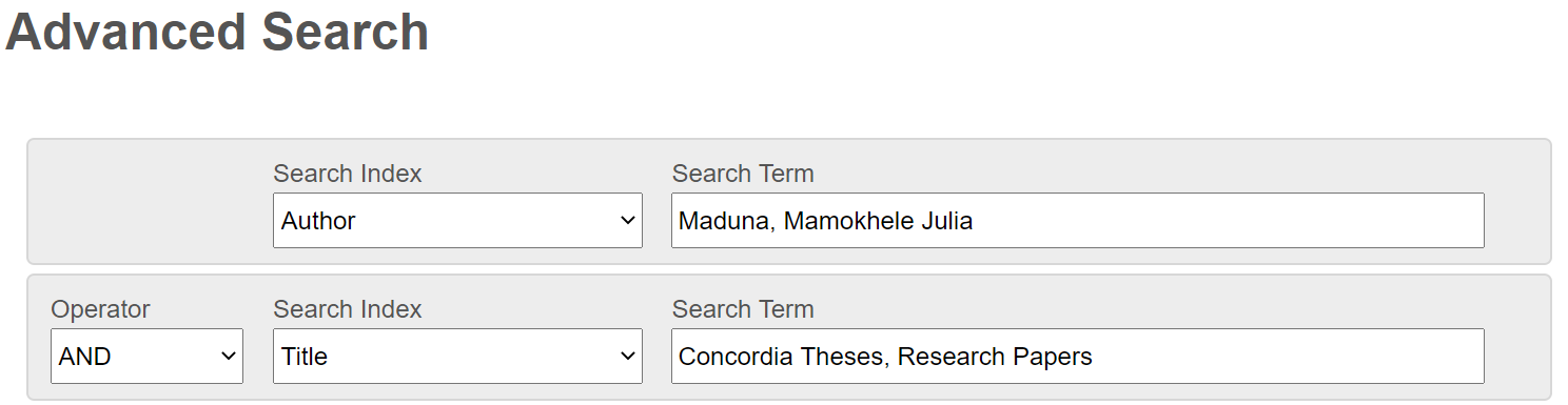 Search Index set to Author to search by thesis author