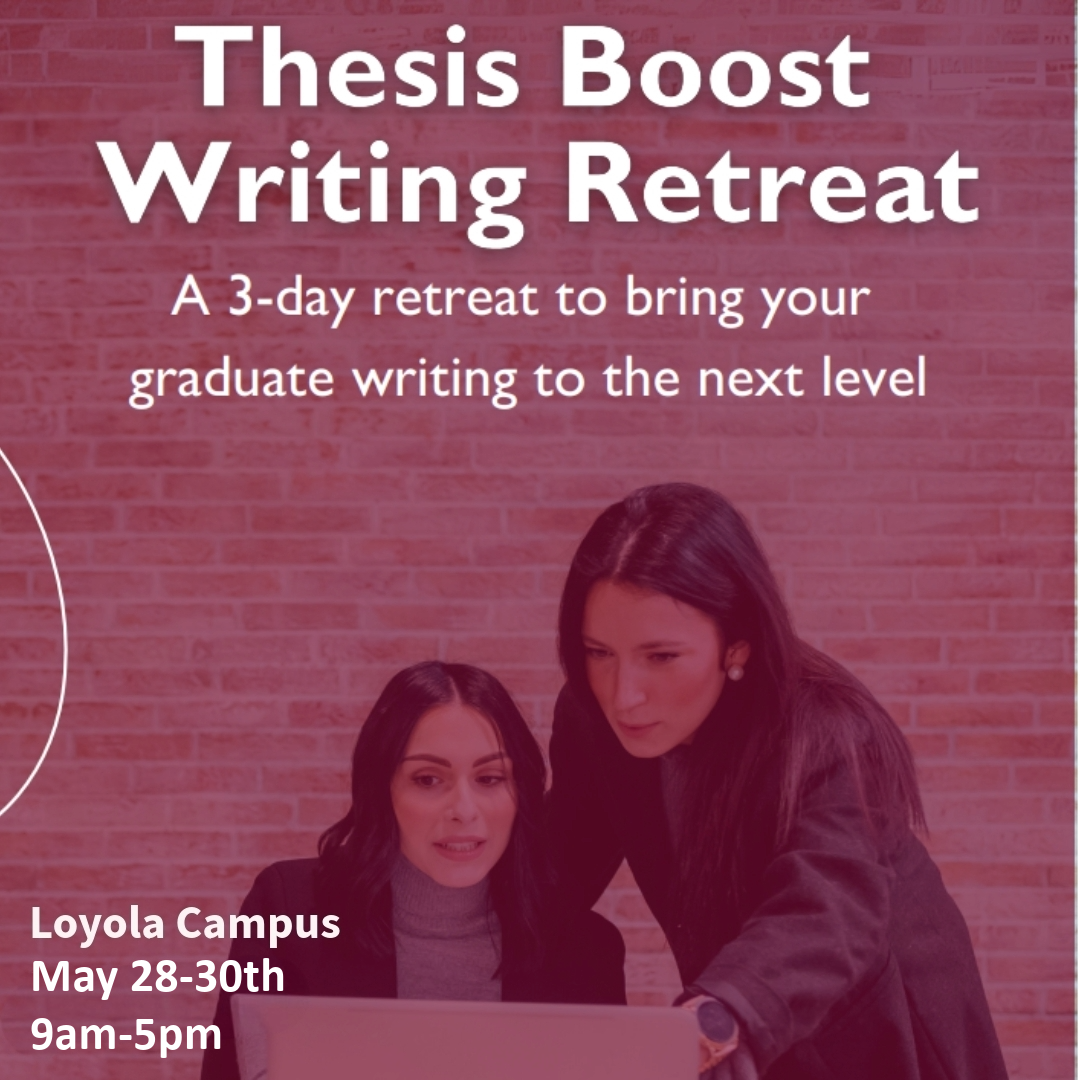 person working at a laptop with someone looking over their shoulder and words Thesis boost writing retreat with explanation and location, date and time