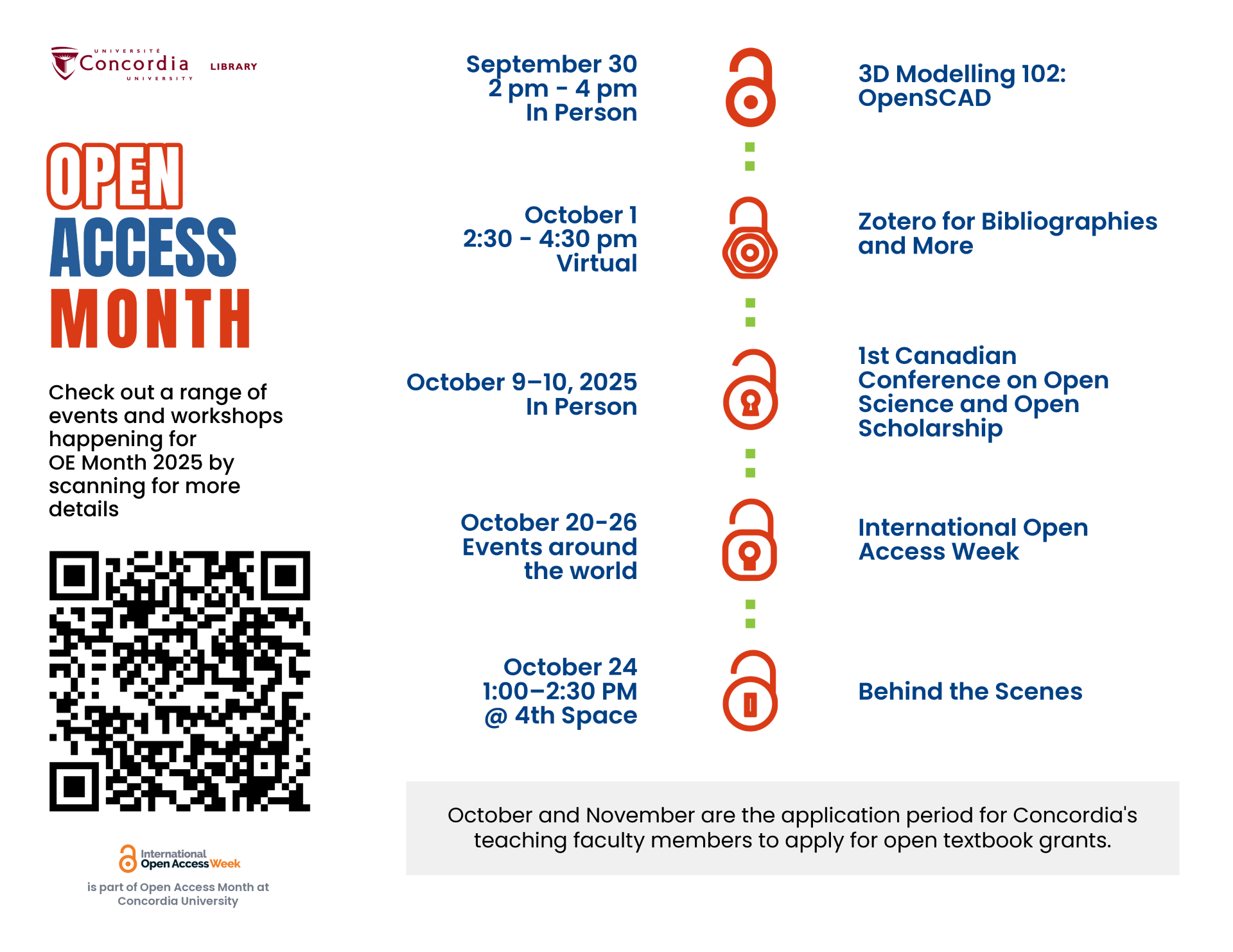 list of open access events and workshops scheduled in October 2025 at Concordia